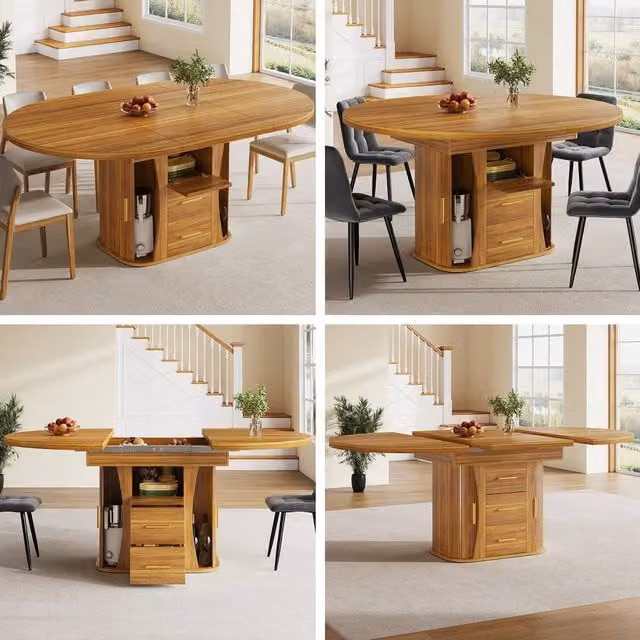 BTM Extendable Round Dining Table with Lift Mechanism and 3-Tier Storage, Brown, Diameter: 118 cm, Height: 77 cm – 1