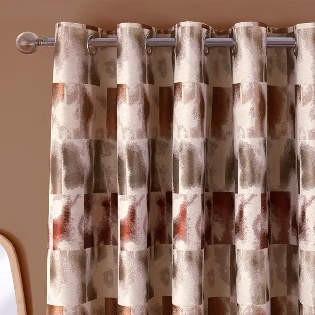 Divante Maddox Geo Jacquard Blackout Fabric Curtain with Eyelets, Multicolour and Brown, Height: 183 cm