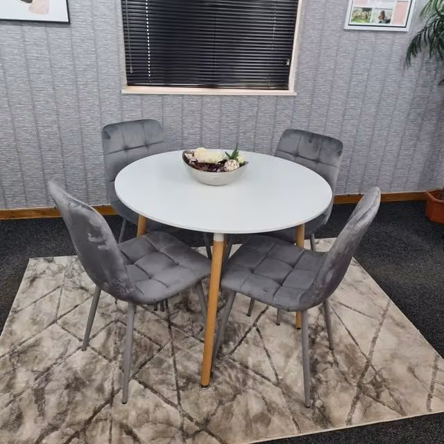 KOSY KOALA Modern Round White Dining Table and 4 Grey Velvet Chairs Set – 1