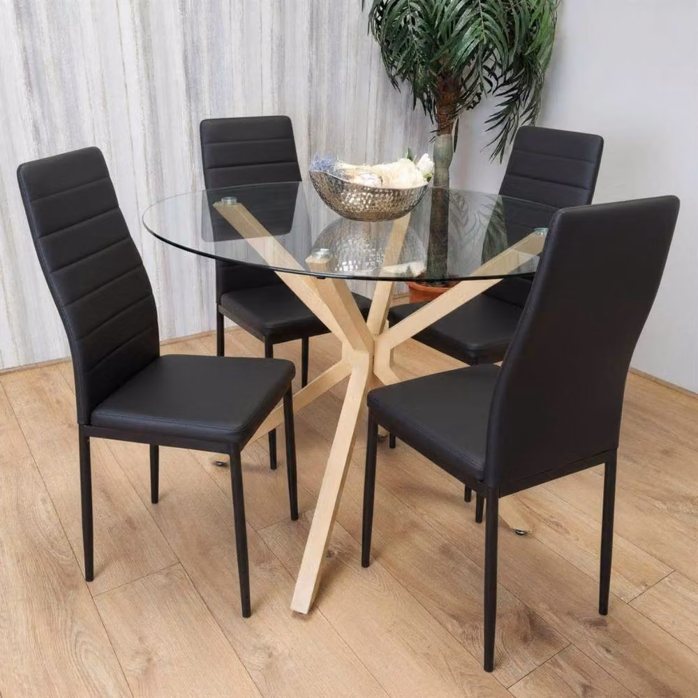Kosy Koala Round Glass Dining Table Set with 4 Black Faux Leather Chairs – 2