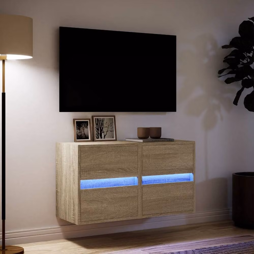 Berkfield Home Set of 2 Wall Mounted TV Cabinets with LED Lighting in Sonoma Oak and Light Tan, W: 41 cm, D: 31 cm, H: 45 cm – 2