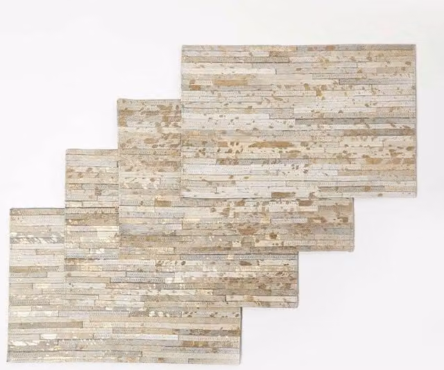 Homescapes Set of 4 Gold and Grey Striped Leather Placemats, W/D: 46 x 30 cm