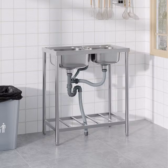 Komore Double-Bowl Stainless Steel Kitchen Sink with Storage Rack, Silver, Width: 76 cm