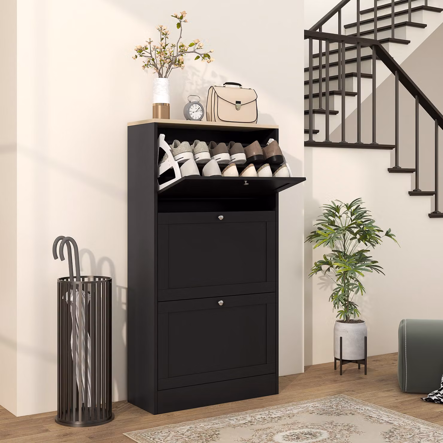 HOMCOM Modern Compact Three-Drawer Shoe Storage Cabinet in Black – 2