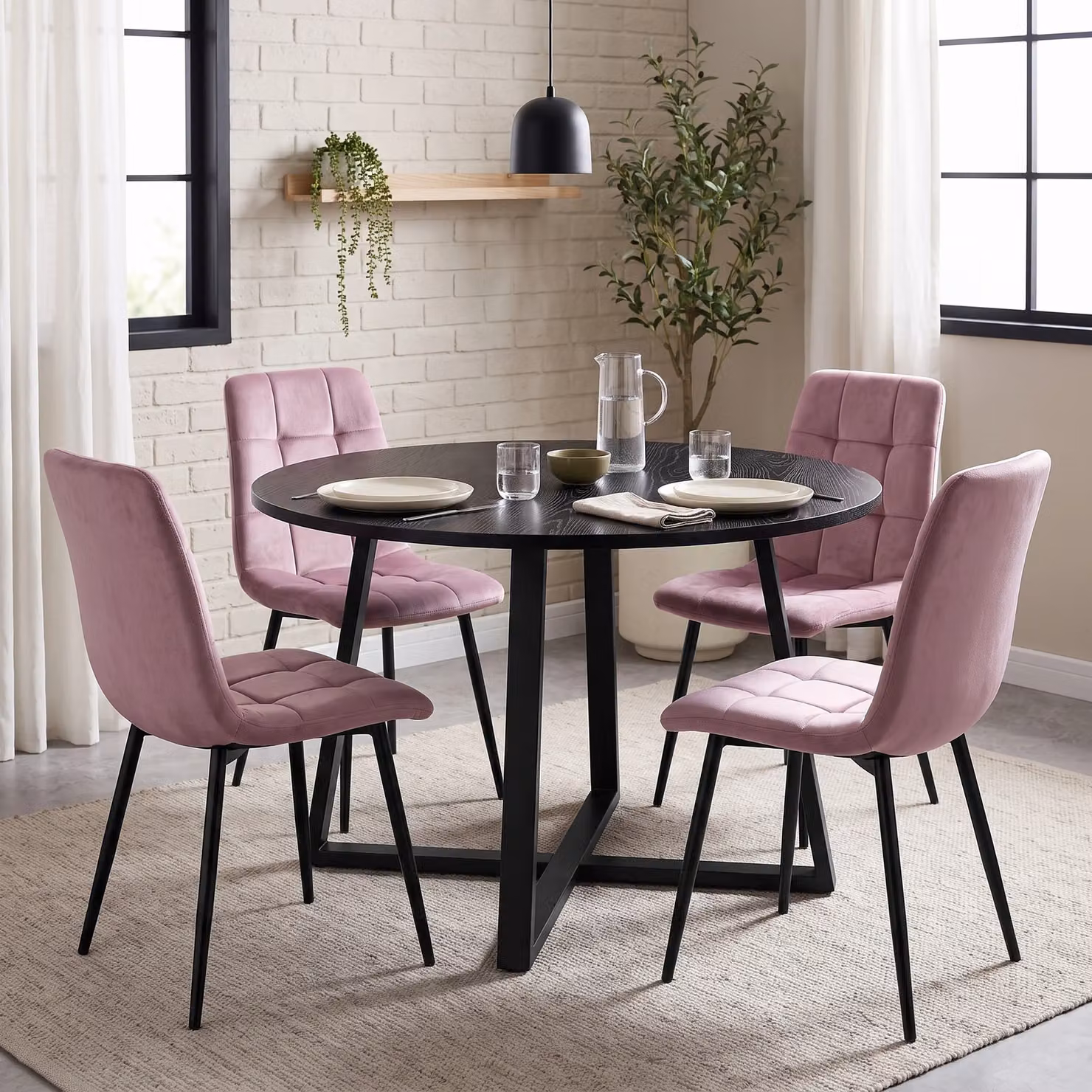 DHS Kyvon Round Dining Table Set with 4 Chairs in Black and Pink