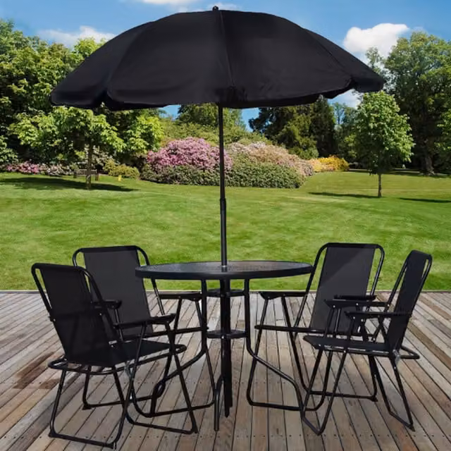 Garden Mile 6 Piece Modern Round Glass Table and Chairs Set in Black