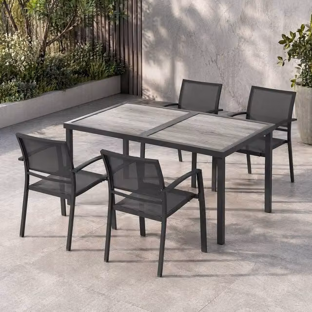 STILVORA 5 Piece Grey Garden Dining Set with Rectangular Glass Table and Stackable Chairs