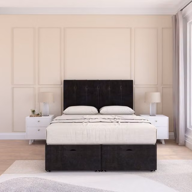 Sloomy Highbury Black Plush Fabric Ottoman Bed with Sprung Memory Mattress and 26 Inch Headboard, Size: Double (W: 140 cm, L: 200 cm)