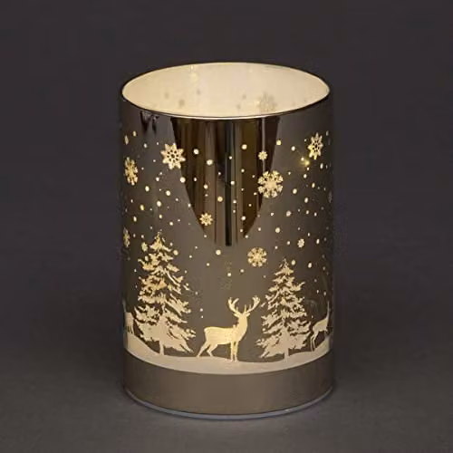 SHATCHI Gold Christmas Forest Scene Etched Glass Vase Table Lamp with LED Fairy Lights, H 13 cm