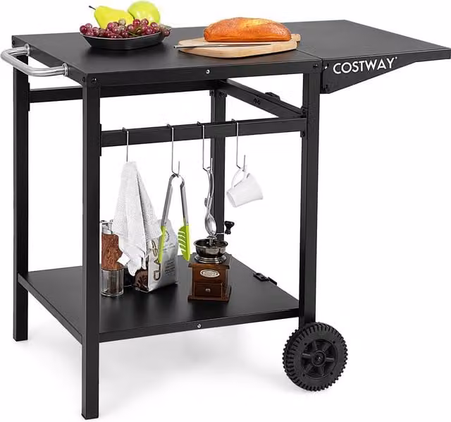 COSTWAY Movable Double-Shelf Dining Cart and Pizza Oven Serving Trolley with Drop Leaf, Black