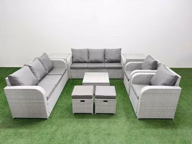 Fimous PE Rattan High Back Lounge Sofa Set in Light Grey with 3 Seater Sofa, Reclining Chair, Stools, Coffee Table and 2 Side Tables