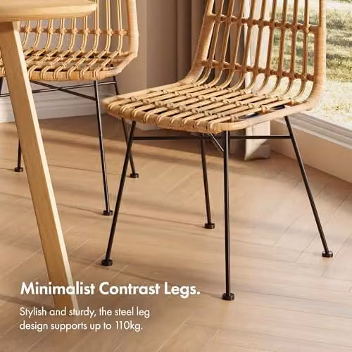 VonHaus Richmond Set of 2 Rattan Effect Dining Chairs with Black Metal Legs in Brown, Beige and Black – 3