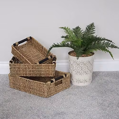JVL Set of 3 Rectangular Seagrass Storage Baskets with Wooden Handles in Brown – 3