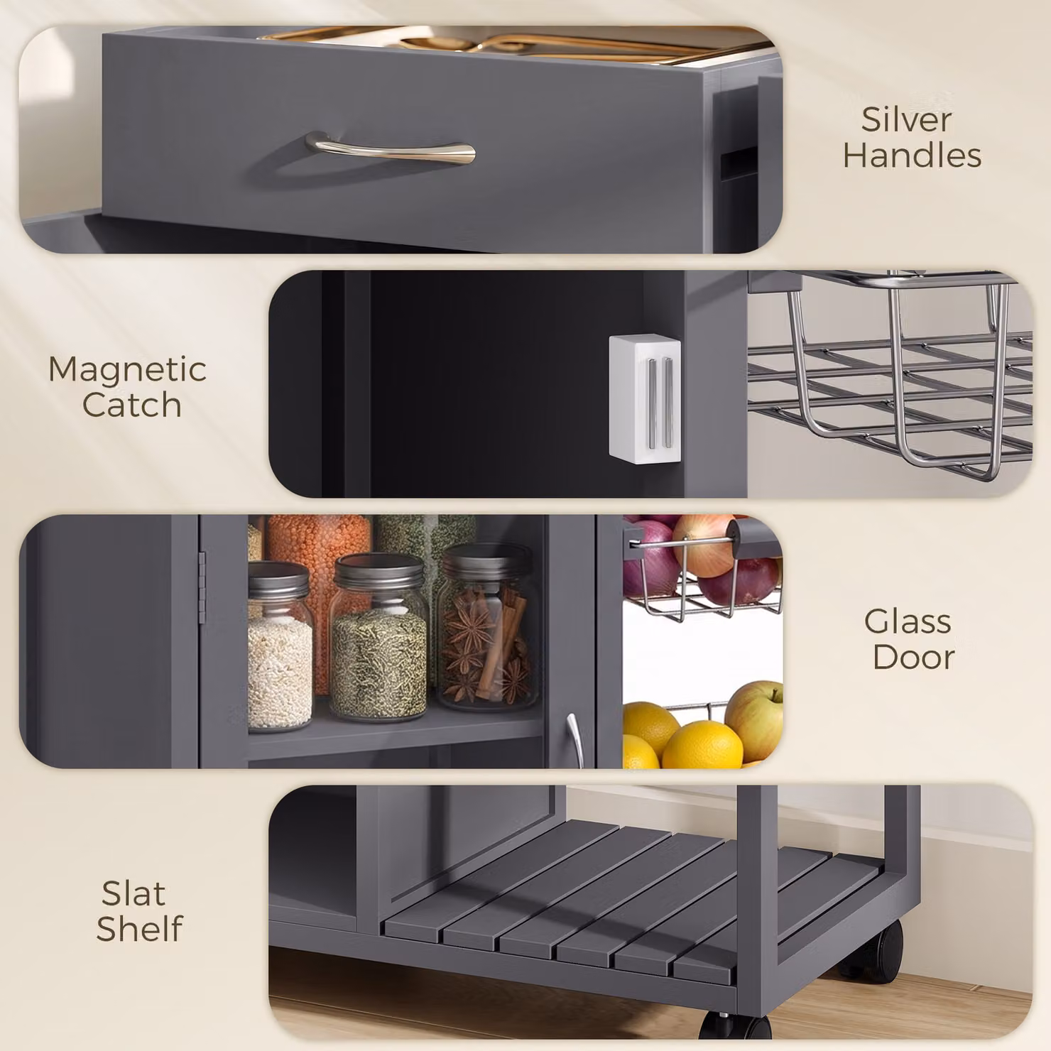 HOMCOM Grey Bamboo Kitchen Island Rolling Trolley with Glass Door, Metal Wire Baskets and Adjustable Shelf – 7