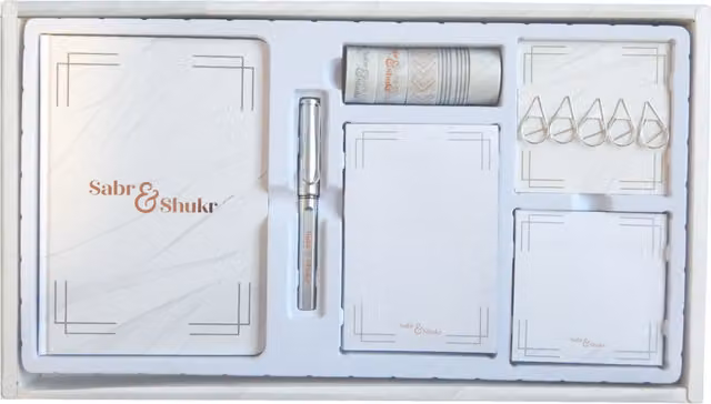 Peacock Supplies Sabr Shukr Marble Stationery Gift Set in White and Gold with Hardcover Paper