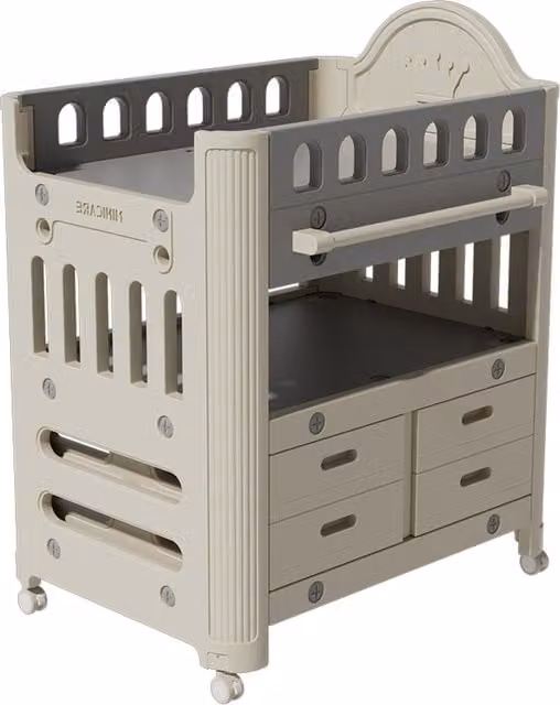 Kidkid Mobile Baby Changing Table in Beige and Grey with Safety Rail and Lockable Castors