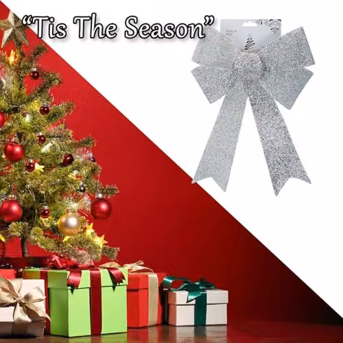 VFM e-Store Light Up Tinsel Bow Christmas Decoration, Silver, W/D/H: 29 x 43 x 10 cm – 6