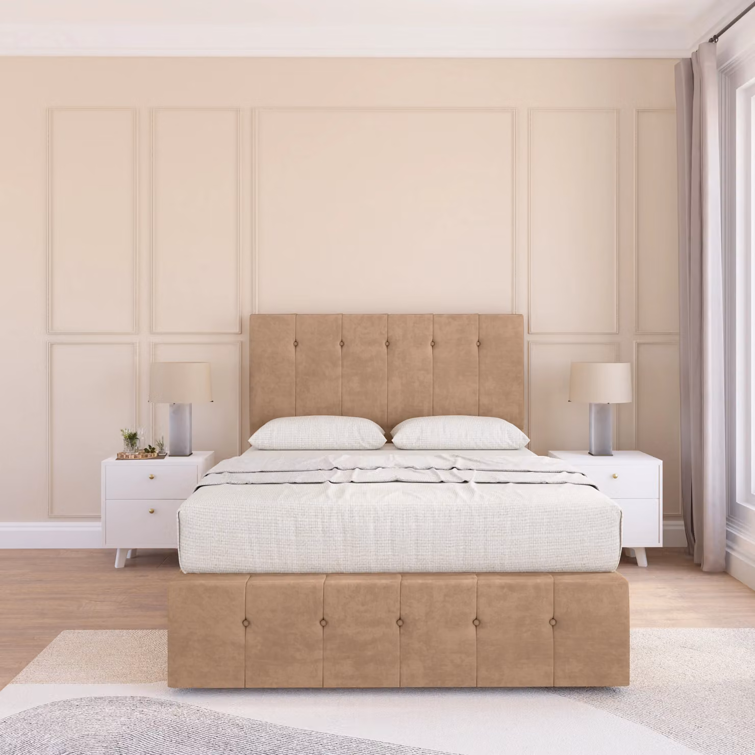 Sloomy Highbury King Size Divan Bed Base and Floor Standing Headboard in Beige Velvet Fabric, W/D/H: 180 x 200 cm
