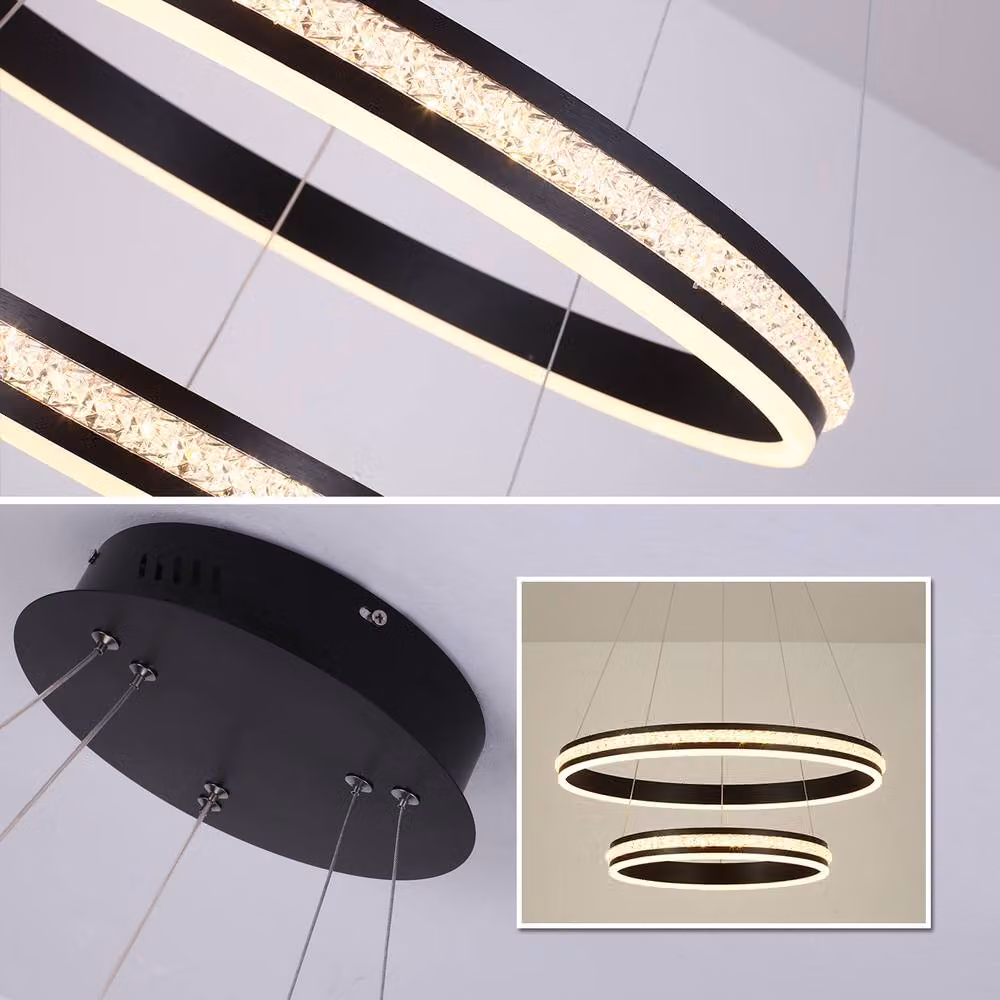 NIVOR Modern Dimmable LED 2 Rings Tiered Chandelier with Acrylic Crystal in Black – 6