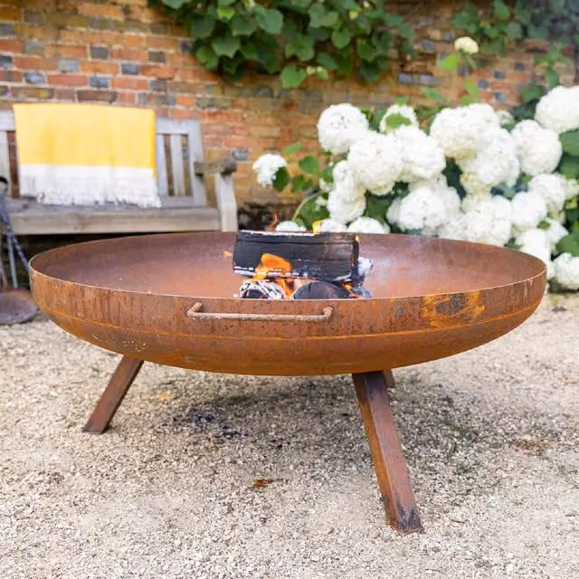 Primrose Corten Steel Fire Bowl with Legs in Rust Brown and Red, 100cm Diameter