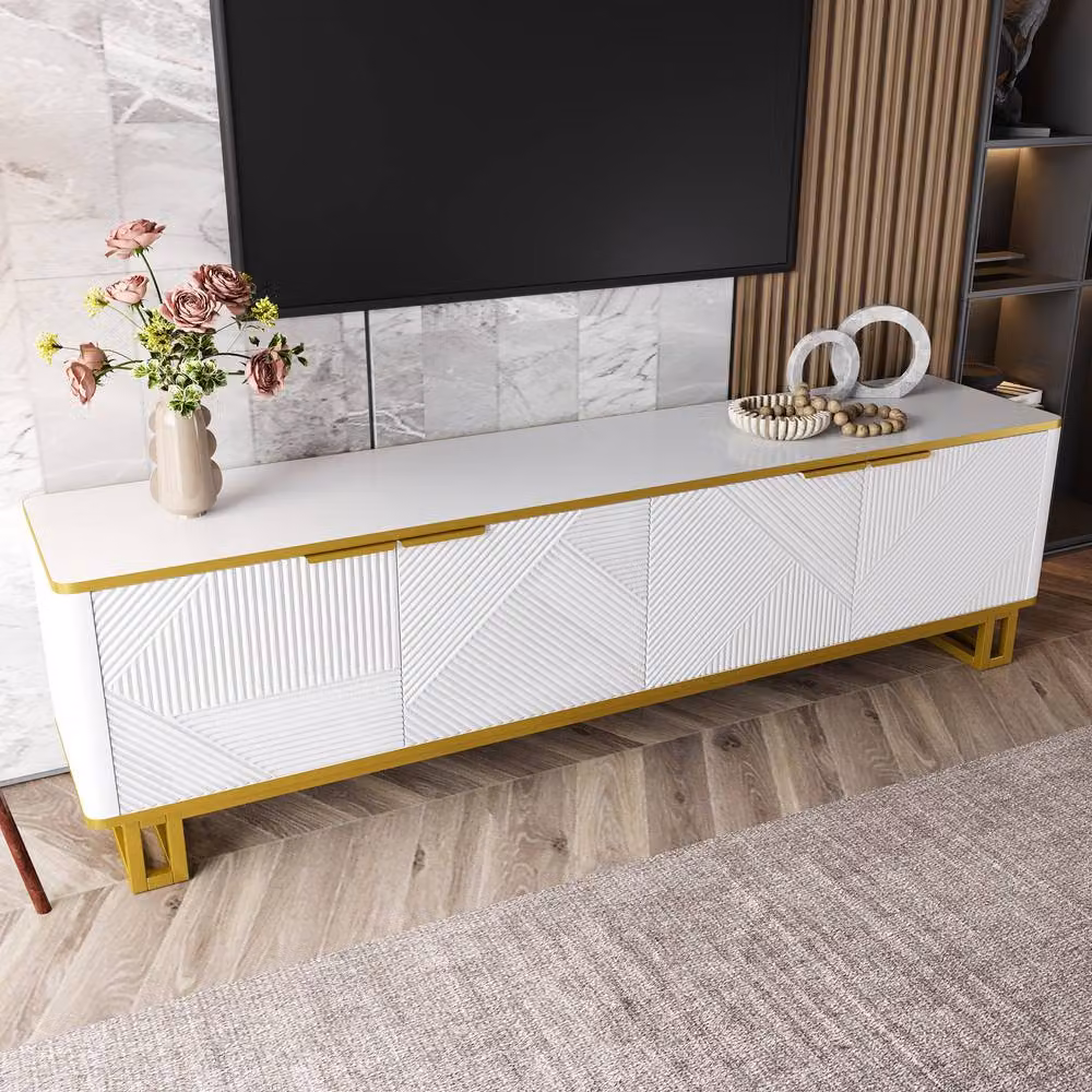 BTM Modern Geometric TV Cabinet and Lowboard Storage Unit in White and Gold – 2