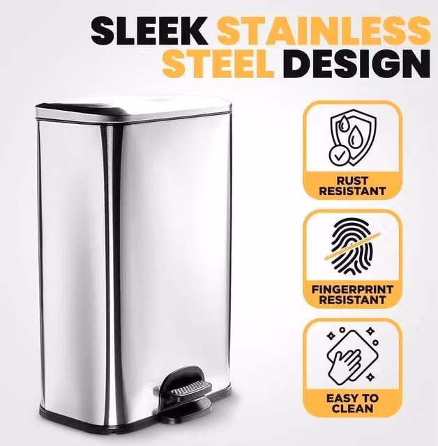Kelvenix Large 50L Kitchen Bin with Soft Close and Pedal in Silver
