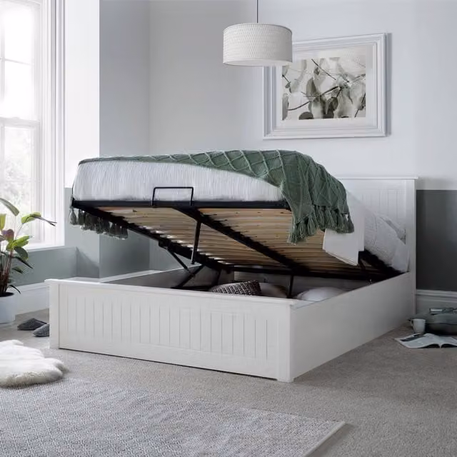 Bedmaster Dawson White Wooden Ottoman Bed Frame with Lift Up Base, W/D/H: 180 x 166 x 106 cm