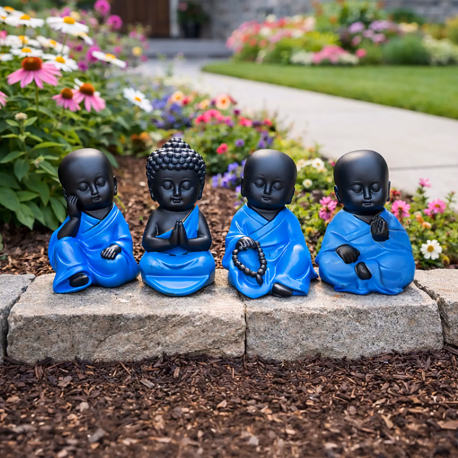 Marco Paul Set of 4 Mini Sitting Lucky Buddha Blue Ceramic Tabletop Ornaments – 6