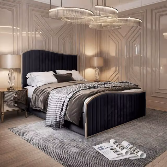 KDMD Hythe King Size Upholstered Velvet Bed Frame with Black Metal Details