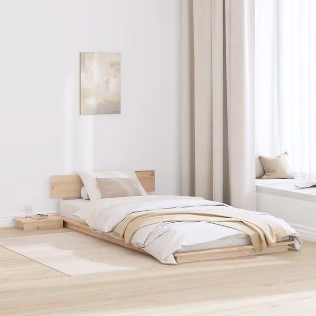 Berkfield Home Solid Wood Floor Bed Frame with Headboard and Bedside Tables, Brown, W/D/H: 90 x 190 cm
