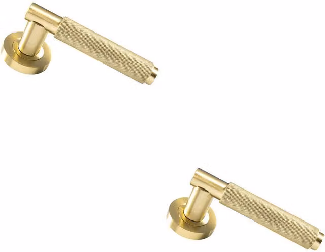 Loops 2x Pair Knurled Grip Round Bar Handles with Round Rose Concealed Fix in Satin Brass