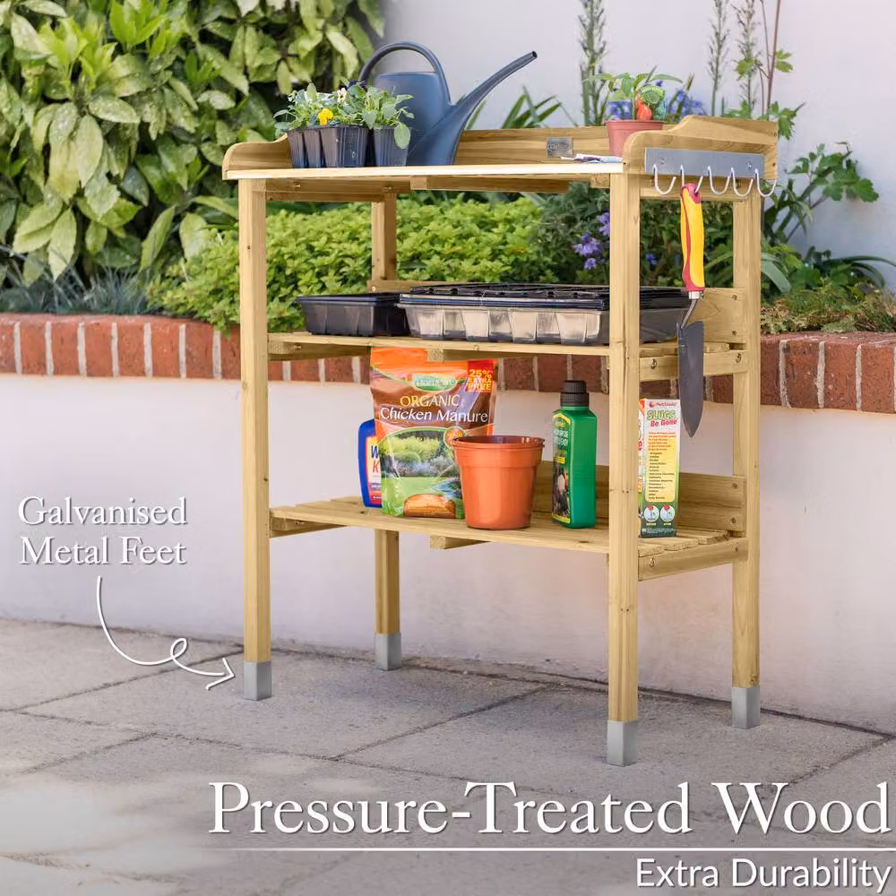 Christow Natural Wooden and Metal Garden Potting Table with Shelves and Hooks – 5