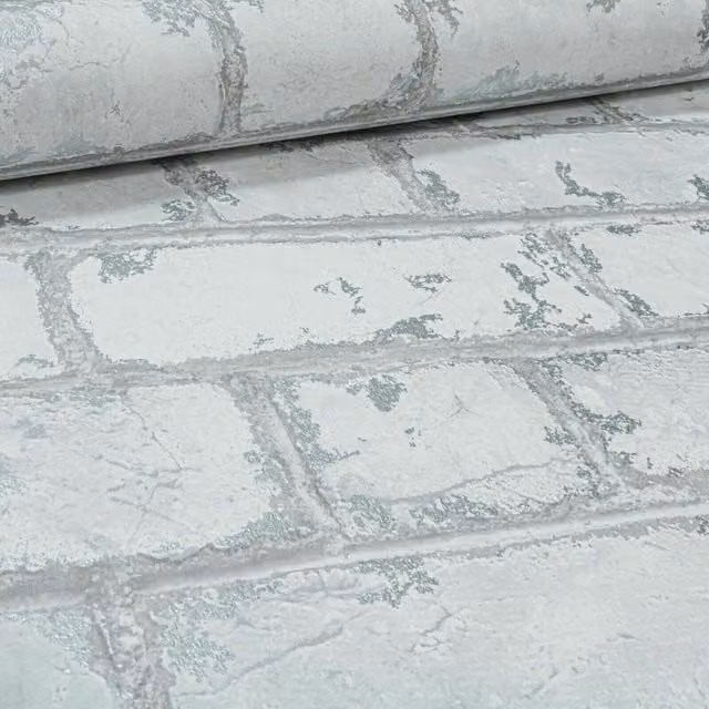 Arthouse Urban Rustic 3D Effect Brick Metallic Feature Wallpaper in White, Grey and Silver