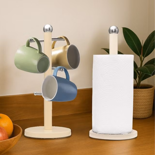 Innoteck Freestanding Kitchen Paper Roll Holder and Mug Tree Set in White with Weighted Base and Stainless Steel Finish