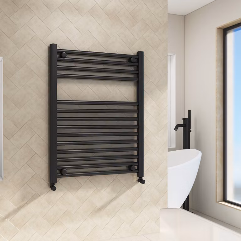 Royal Bathrooms Porto Heated Towel Rail Straight Ladder, Matt Black, W: 60 cm, H: 80 cm