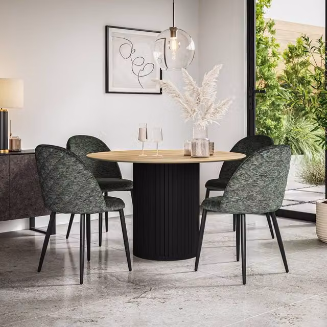 More4Homes Arlo Oak Round Dining Table and Raye Green Velvet Dining Chairs Set of 6, W/D/H: 120 x 120 x 75 cm