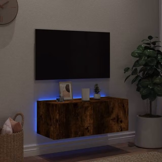 Berkfield Home Modern Wall Mounted TV Cabinet with Integrated LED Lights in Smoked Oak Brown, W/D/H: 80 x 35 x 31 cm – 1