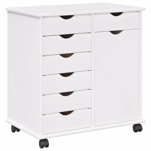 vidaXL Rolling Cabinet in White Solid Pine Wood, W/D/H: 63.5 x 39.0 x 65.5 cm