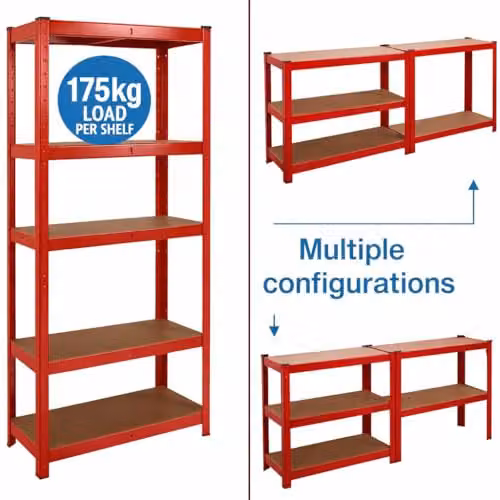 Direct Online Houseware 5 Tier Heavy Duty Metal Garage Shelving Unit, Red, W/D/H: 70 x 30 x 150 cm – 5