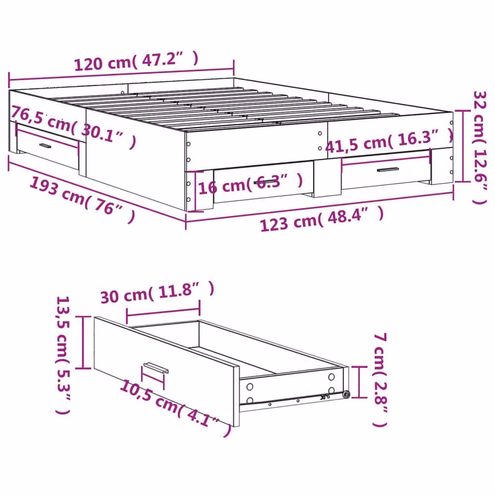 Berkfield Home Small Double Bed Frame with Drawers in Concrete Grey, W/D/H: 120 x 190 cm – 3