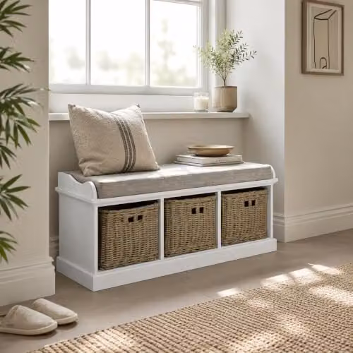 Statement Furniture Tetbury White Storage Bench with 3 Brown Baskets and Grey Cushion, W: 112 cm – 1