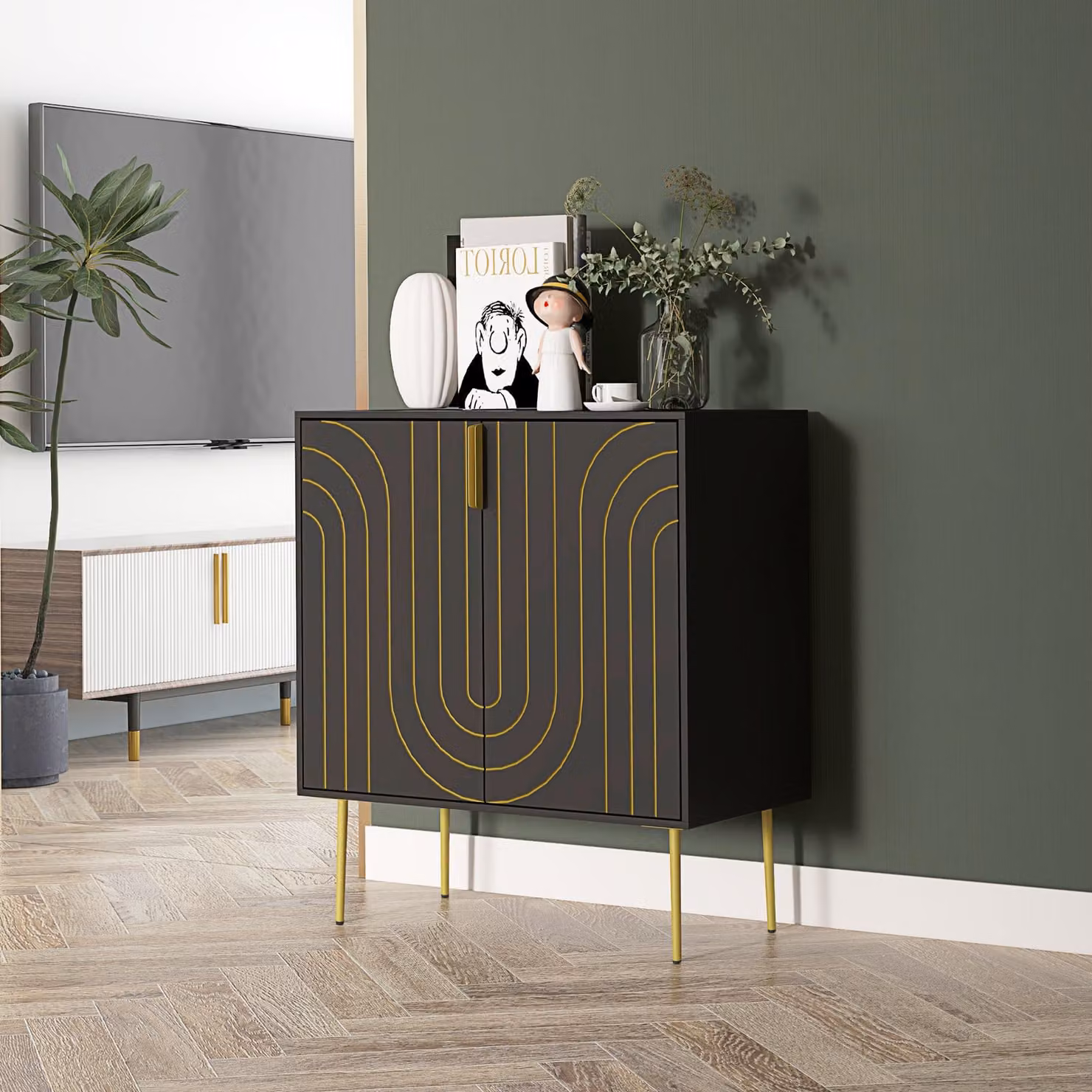HOMCOM Art Deco Inspired Sideboard with Adjustable Shelf and Integrated Lighting in Black and Gold Tone – 3