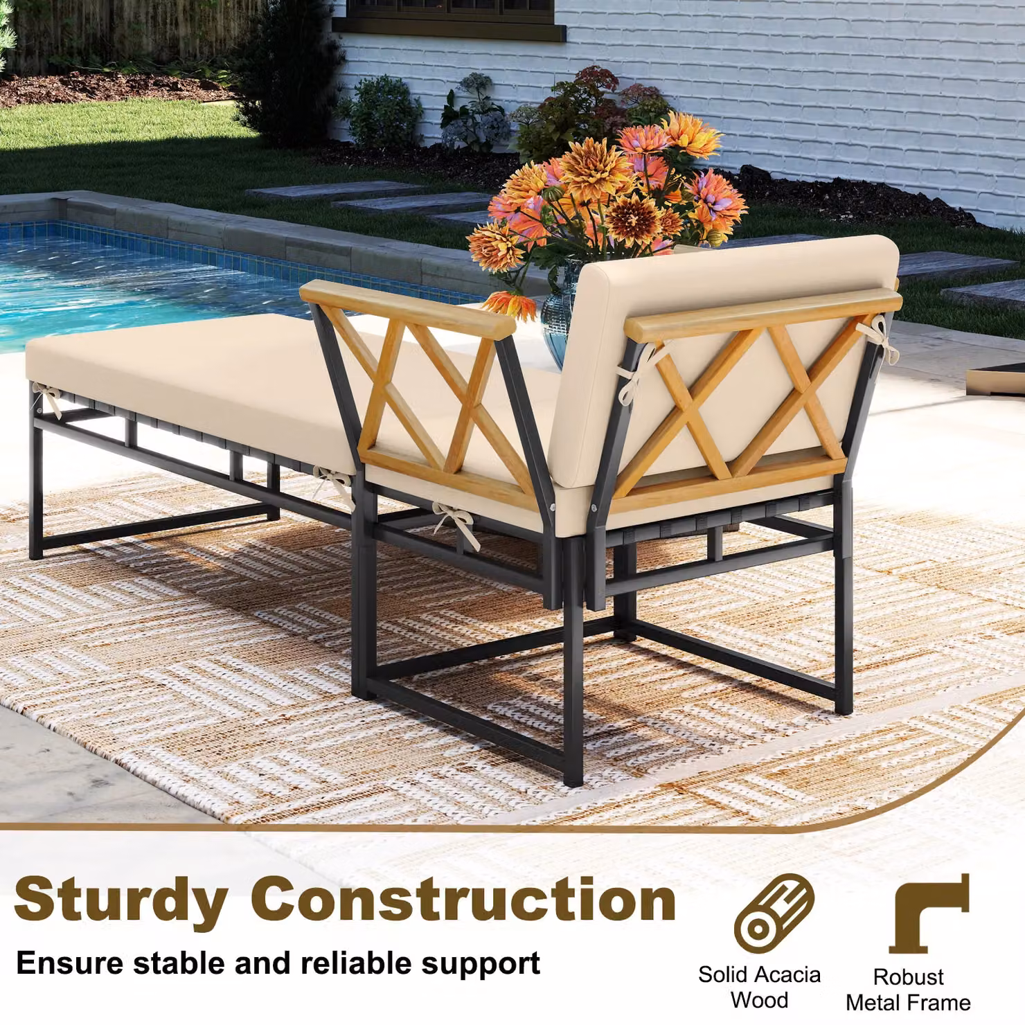 Costway 2 Piece Patio Furniture Set with Acacia Wood Armchairs and Matching Ottoman in Brown and Beige – 4