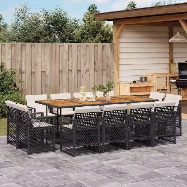 Berkfield Home 13 Piece Garden Dining Set with Black Poly Rattan and Cushions