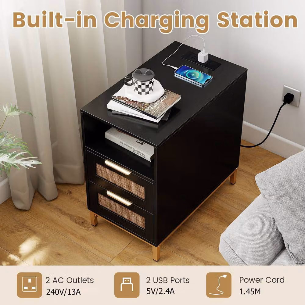Gymax Narrow Rattan Side Table with Charging Station and 2 Drawers in Black – 5