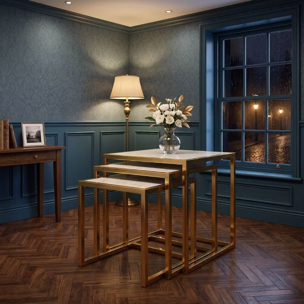 Home Luxe Interior Massa Gold Nest of 3 Tables with Cream Marble Tops and Gold Metal Legs – 3