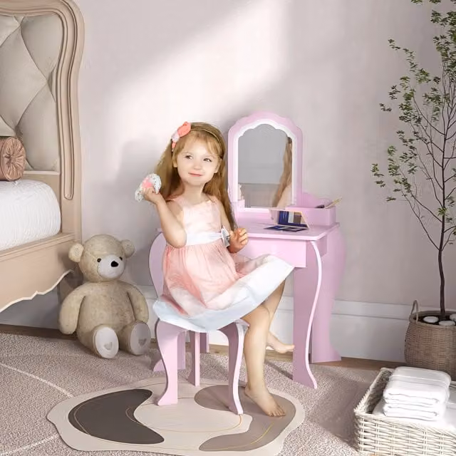 ZONEKIZ Cloud Design Kids Dressing Table with Mirror, Stool and Drawer in Pink