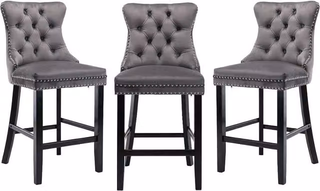 Modern Home Touch Romsey Set of 3 Grey Velvet Kitchen Breakfast Barstools with Oak Wood Legs and Knocker Ring Back – 1