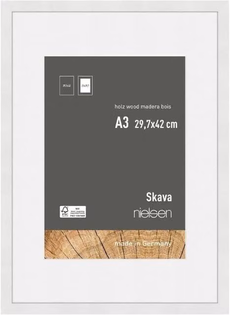 Nielsen Design Skava A3 Wooden Picture Frame in White with A4 Mount and Glass Front