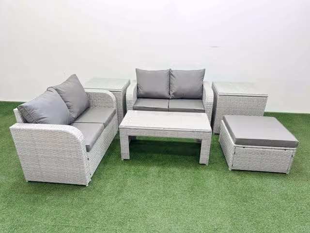 Fimous 5 Seater Rattan Garden Furniture Set in Light Grey with Oblong Coffee Table, Big Footstool and 2 Side Tables